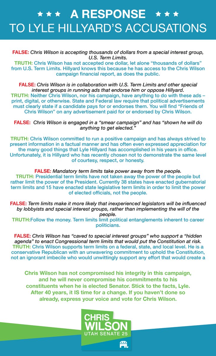 ChrisWilsonUtah's tweet photo. Lyle Hillyard recently posted misleading statements and false accusations against the Chris Wilson campaign on social media and emails. Please, Lyle, keep to the facts. https://t.co/Ejw7yW7fCb