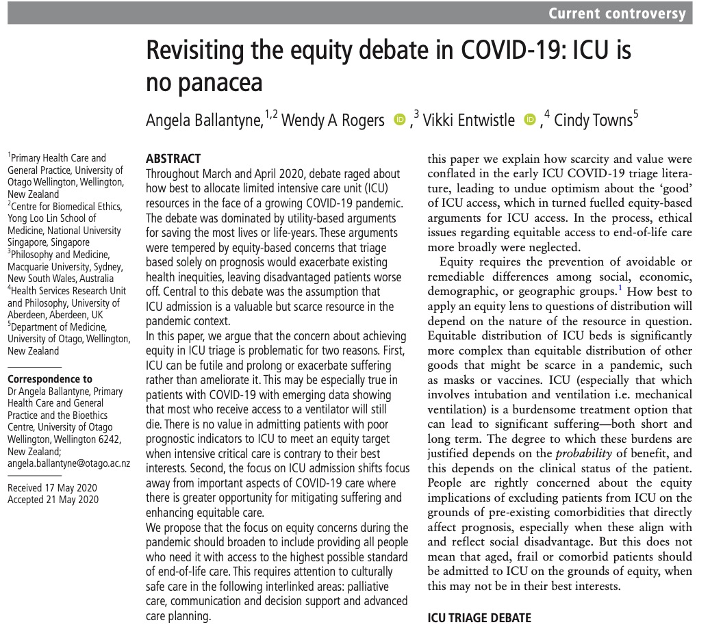 This is the clearest framing of pandemic ICU access equity I’ve read. If you’re involved in ICU triage at any level, pandemic or not, its content is recommended:  https://jme.bmj.com/content/medethics/early/2020/06/22/medethics-2020-106460.full.pdf