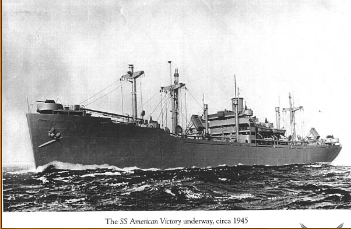SS AMERICAN VICTORY underway circa 1945. <a href="/amervictory/">S/S American Victory</a>  #VictoryShip #WWII #merchantmarine