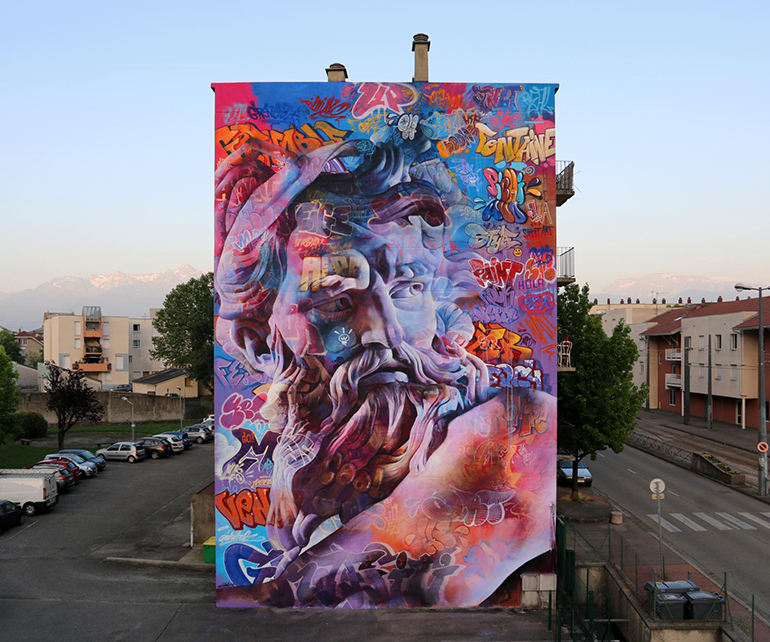 Here is PichoAvo's mural for the Grenoble Street Art Fest in France (2019). Paying tribute to water, Poseidon watches the Alps mountains from the city of Fontaine (“spring” or “fountain”) in the metro area of Grenoble /20