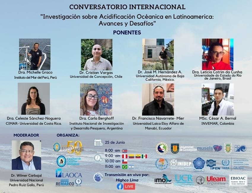 NMusels's tweet photo. Conversatorio internacional "Avances y Desafíos de la Investigación sobre Acidificación del Océano en Latinoamérica” que se transmitirá por Facebook Live del Highco Lima (“International Syposium Ocean in a aHigh CO2 World”), participa nuestro director Dr. Cristian Vargas... https://t.co/30gtHers2R