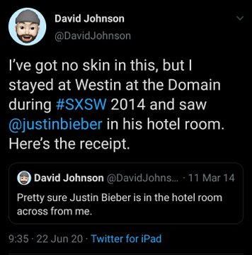 qui ci sono le ricevute ed anche un testimone oculare, che con i suoi tweet risalenti al 2014 dimostra che Justin Bieber non era al Four Seasons hotel, ma al Westin https://twitter.com/DavidJohnson/status/1274908821865943041?s=20