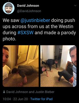 qui ci sono le ricevute ed anche un testimone oculare, che con i suoi tweet risalenti al 2014 dimostra che Justin Bieber non era al Four Seasons hotel, ma al Westin https://twitter.com/DavidJohnson/status/1274908821865943041?s=20