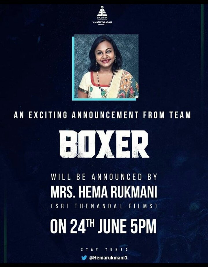 Official Update: 

#boxer announcement 👏👏 by @Hemarukmani1 

@arunvijayno1 @ritika_offl #Dirvivek

#kollywood #cinema #update