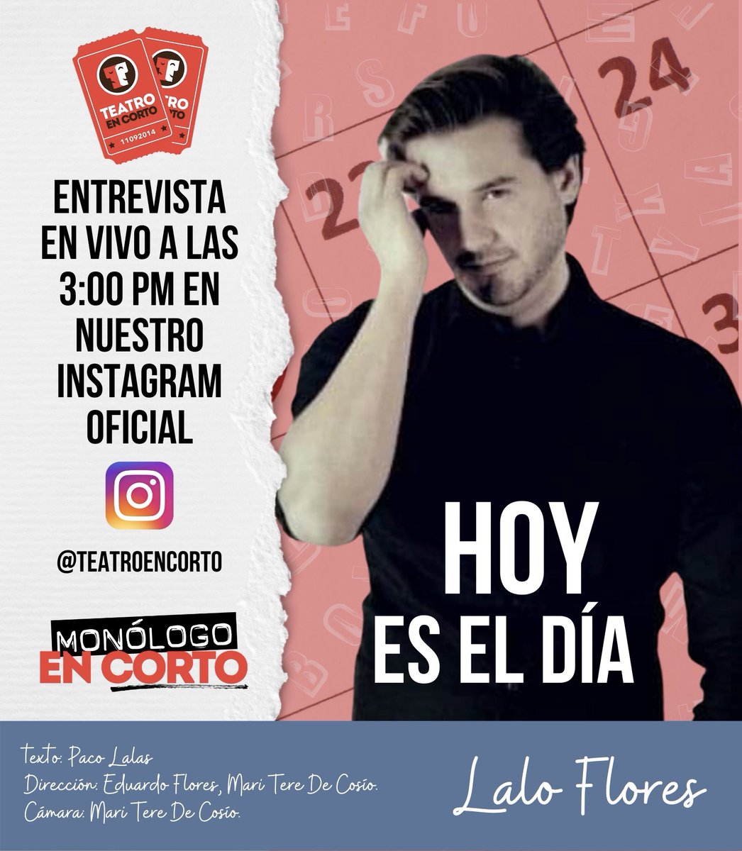 No olvides conectarte a nuestro #instalive hoy 23 de junio a las 3:00 PM para que <a href="/lalofloresmx/">Lalo Flores</a> nos cuente todos los detalles de #HoyEsElDia #MonologoEnCorto que estrena hoy a las 7:00 PM