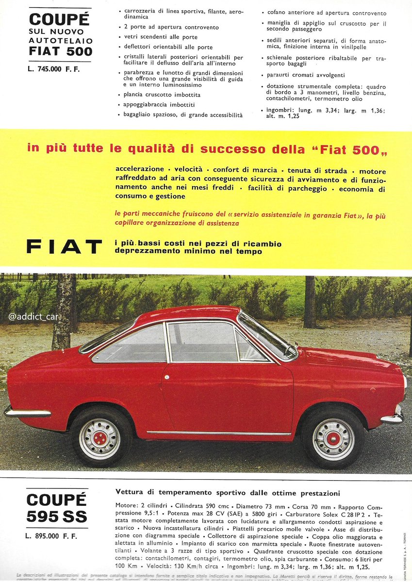 No model in the 1960s Fiat range was too small to escape the attention of the Italian coachbuilding industry. The classic Nuova 500 could be bought in Italy in this tiny 2+2 coupé version by Moretti, available in standard and 595 SS models. #carbrochure #Moretti #Fiat