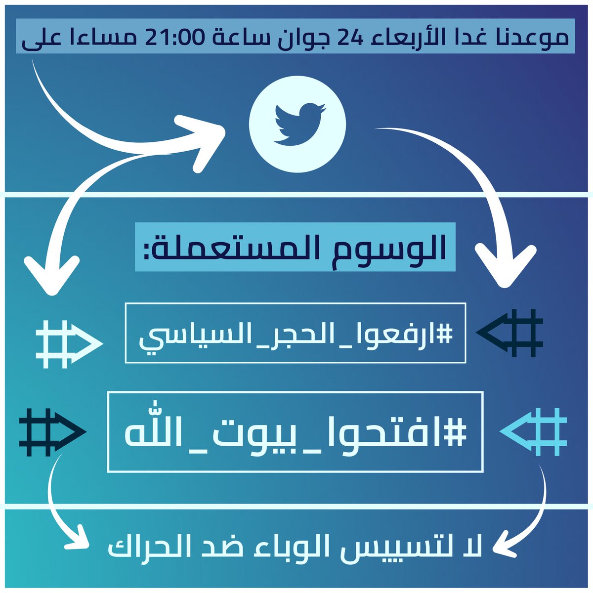 detenusdz's tweet photo. ✳️❇️ موعدنا غذا الأربعاء 24 جوان 2020 على الساعة 21سا في التويتر ( Twitter ) بإذن الله.

⭕ الهشتاغات المستعملة:

#ارفعوا_الحجر_السياسي
#افتحوا_بيوت_الله https://t.co/k3kwpd9MDX