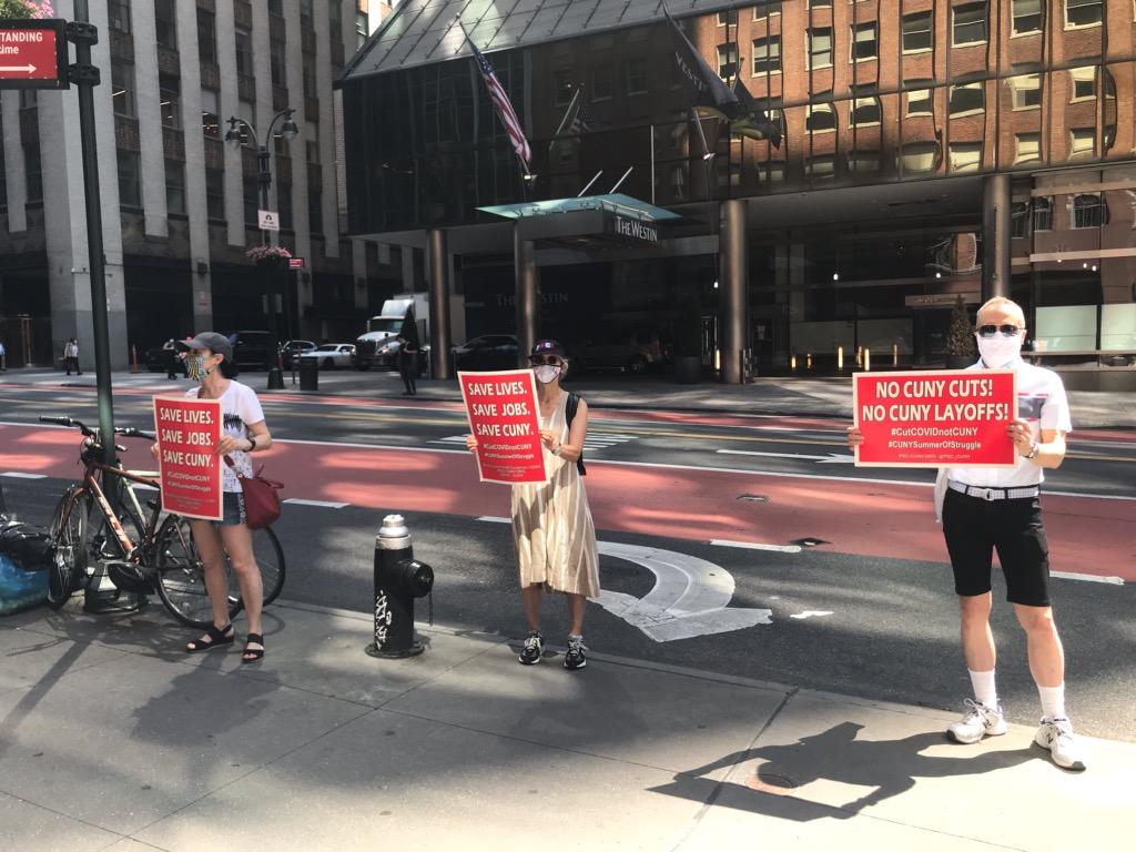 PSC_CUNY's tweet photo. We're 6' apart but standing together for CUNY from @CUNY central to @NYGovCuomo's office. It's time to #MakeBillionairesPay and fund CUNY now. #CutCovidNotCUNY! https://t.co/ymRC7w1ABp