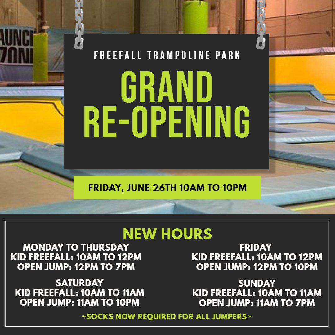 FreeFall_PA's tweet photo. We reopen our doors on Friday, June 26th! Please read our steps to ensure the safety of our customers and staff and our updates hours! https://t.co/PYP0ZdMaAt