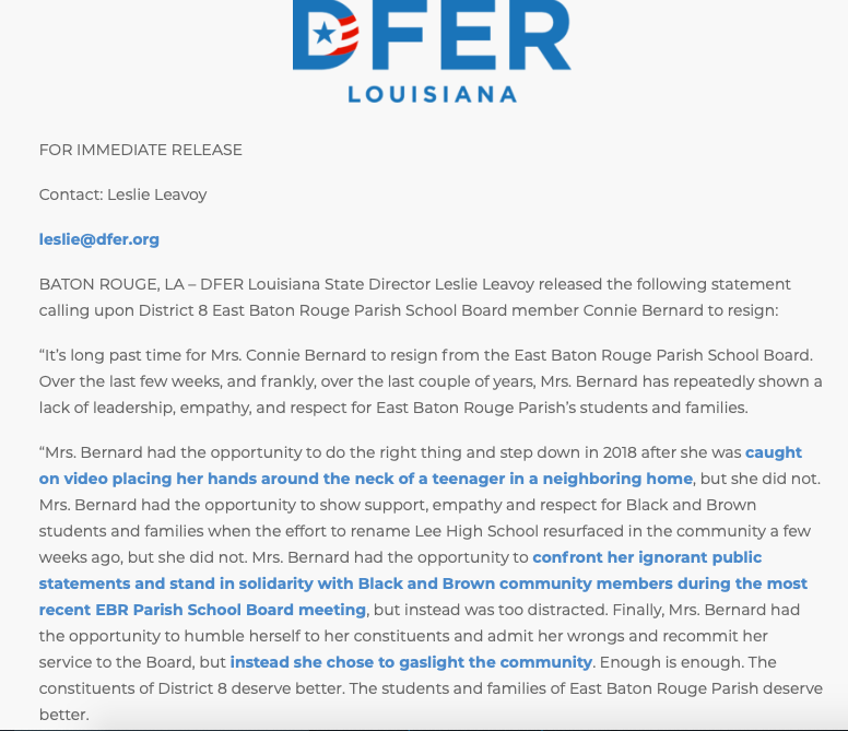 DFERLouisiana's tweet photo. DFER LA State Director Leslie Leavoy (@leslieannlsu) Calls for EBR School Board Member Connie Bernard’s resignation: https://t.co/0gD8ZNX8xI #LaEd #EBRed https://t.co/a5G4GoZPAB