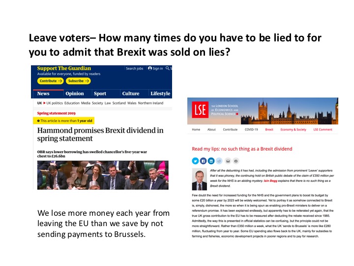 Leave voters: It was ok to vote for Brexit in 2016 on the basis of what you were promised, but how many times do these promises have to been broken before you will accept that you were decieved into voting for something that is against your interests?