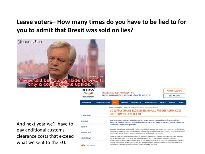 Leave voters: It was ok to vote for Brexit in 2016 on the basis of what you were promised, but how many times do these promises have to been broken before you will accept that you were decieved into voting for something that is against your interests?