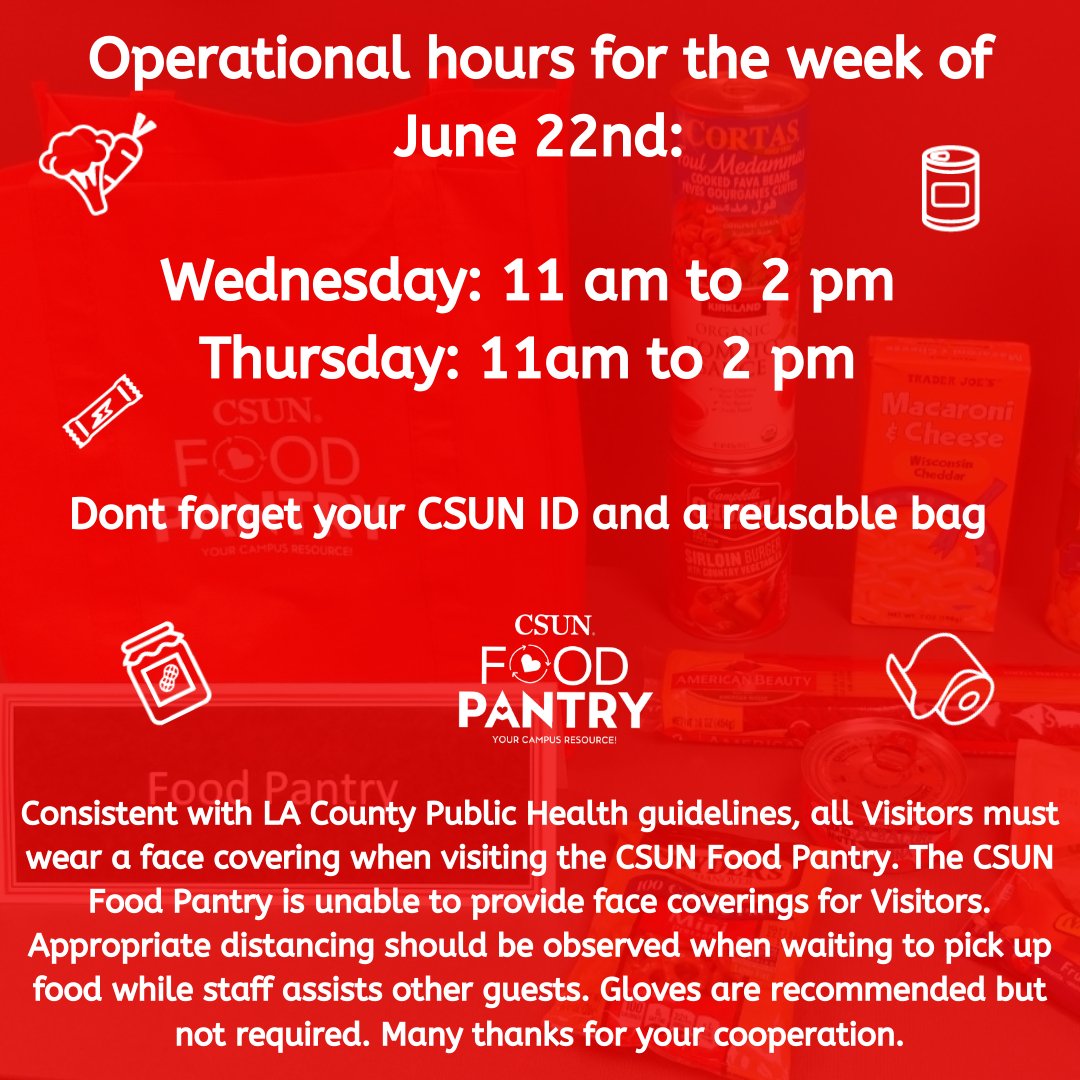csunfoodpantry's tweet photo. Hey Matadors!🙋

The Food Pantry shall remain operational this week, Wednesday and Thursday from 11 am to 2 pm😁

Come and pick up a bag of shelf stable items to go!🛍️

Dont forget to wear a face covering and bring your CSUN ID https://t.co/L2UOMdNWcV