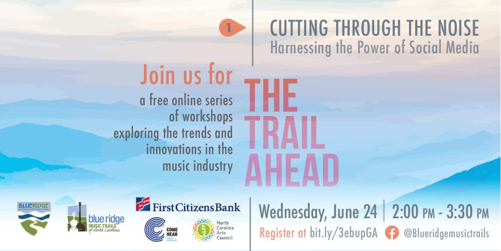 NCArtsCouncil's tweet image. *Tomorrow at 2pm* we will participate in a free online workshop that explores social media's role in sustaining and promoting traditional music in light of the #pandemic. Developed in partnership with the Blue Ridge Music Trails of NC. 
Register here: bit.ly/2Yozh5I