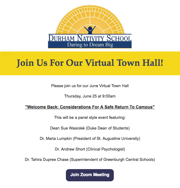 pyodurham's tweet photo. @DurhamNativity is having their June Virtual Town Hall this Thursday, June 25 at 9:00 AM. You can join this panel style event, "Welcome Back: Considerations For A Safe Return to Campus" by going to https://t.co/BGbjpuO0AR. https://t.co/q8NzNJbSfA