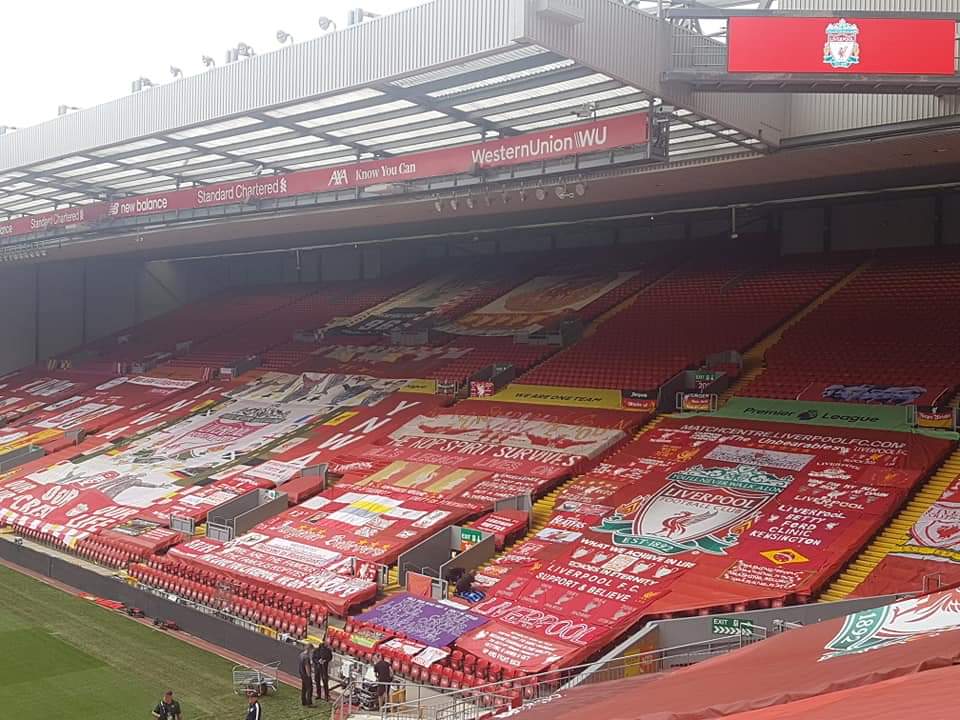 KopCraftsman's tweet photo. Honoured to have two of my creations on the Kop for the closed-doors games. Many thanks to @soccrinthecity for organising it all and to the volunteers who have made the #Kop look so amazing. @LFCTV @lfc @LivEchoLFC https://t.co/xZSdMAIOma