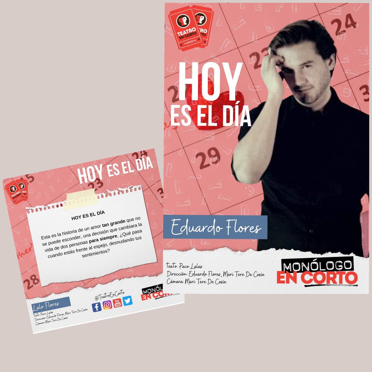 #hoyeseldia para ver este maravilloso monólogo que escribió mi querido @Pacolalas 
Interpretado por <a href="/lalofloresmx/">Lalo Flores</a> 
Sólo por #monologoencorto de <a href="/TeatroEnCorto/">Teatro En Corto</a> 
A las 7 pm disponible en todas las redes sociales de #teatroencorto 
#facebook #Instagram #twitter #YouTube  #desdecasa