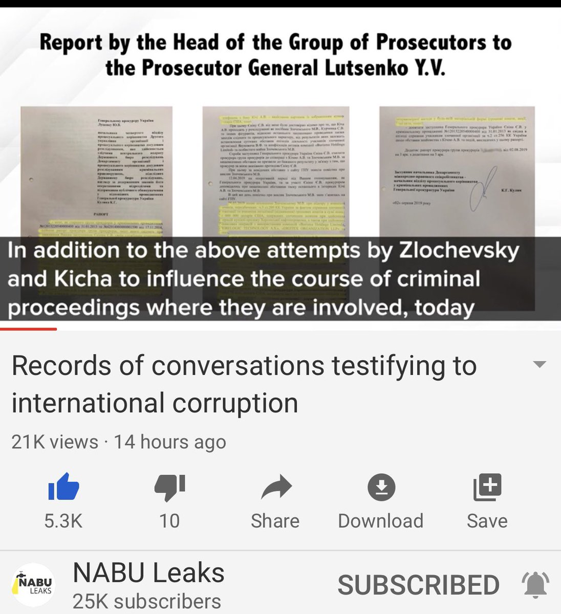 Here he talks about Zlochevsky and Kicha trying to influence the investigation and the $50 mil bribe paid by Zlochevsky