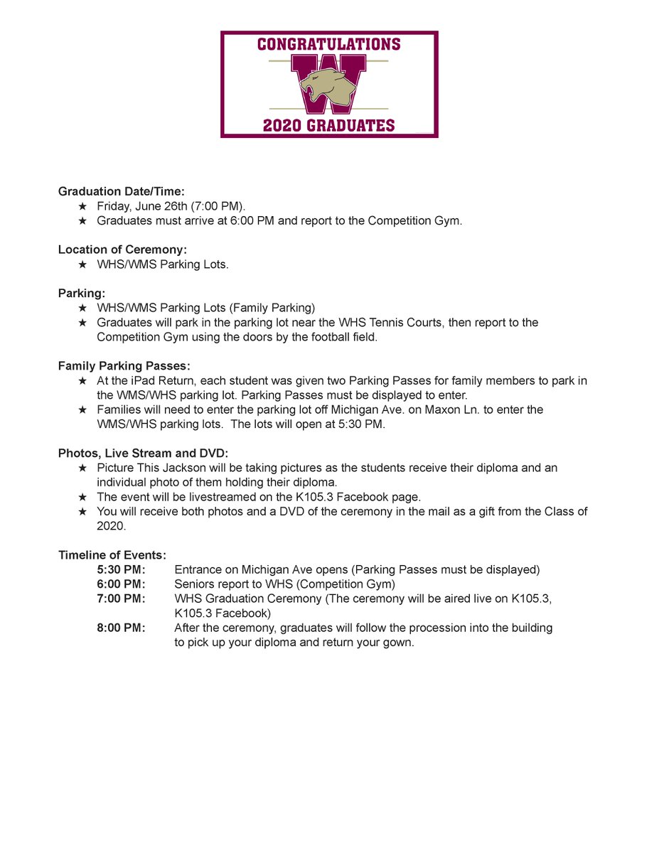 MrNRulewicz's tweet image. WHS Seniors and Families - 
Friday - WHS Graduation Ceremony (7:00 PM)
@vickersWHS