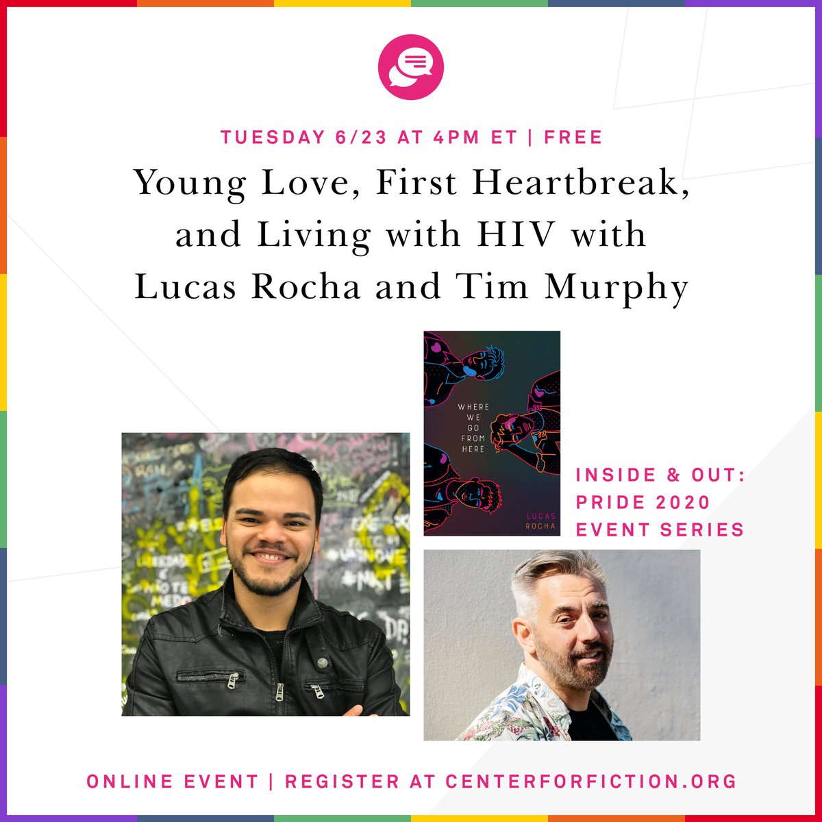 JÁ VAI COMEÇAR. Em poucos minutos, às 17h, o autor @lucasdlrocha vai conversar com @TimMurphyNYC sobre 'Where We Go From Here', em evento organizado por @Center4Fiction! Vem assistir! 🗣️🏳️‍🌈
 centerforfiction.org/event/online-e…