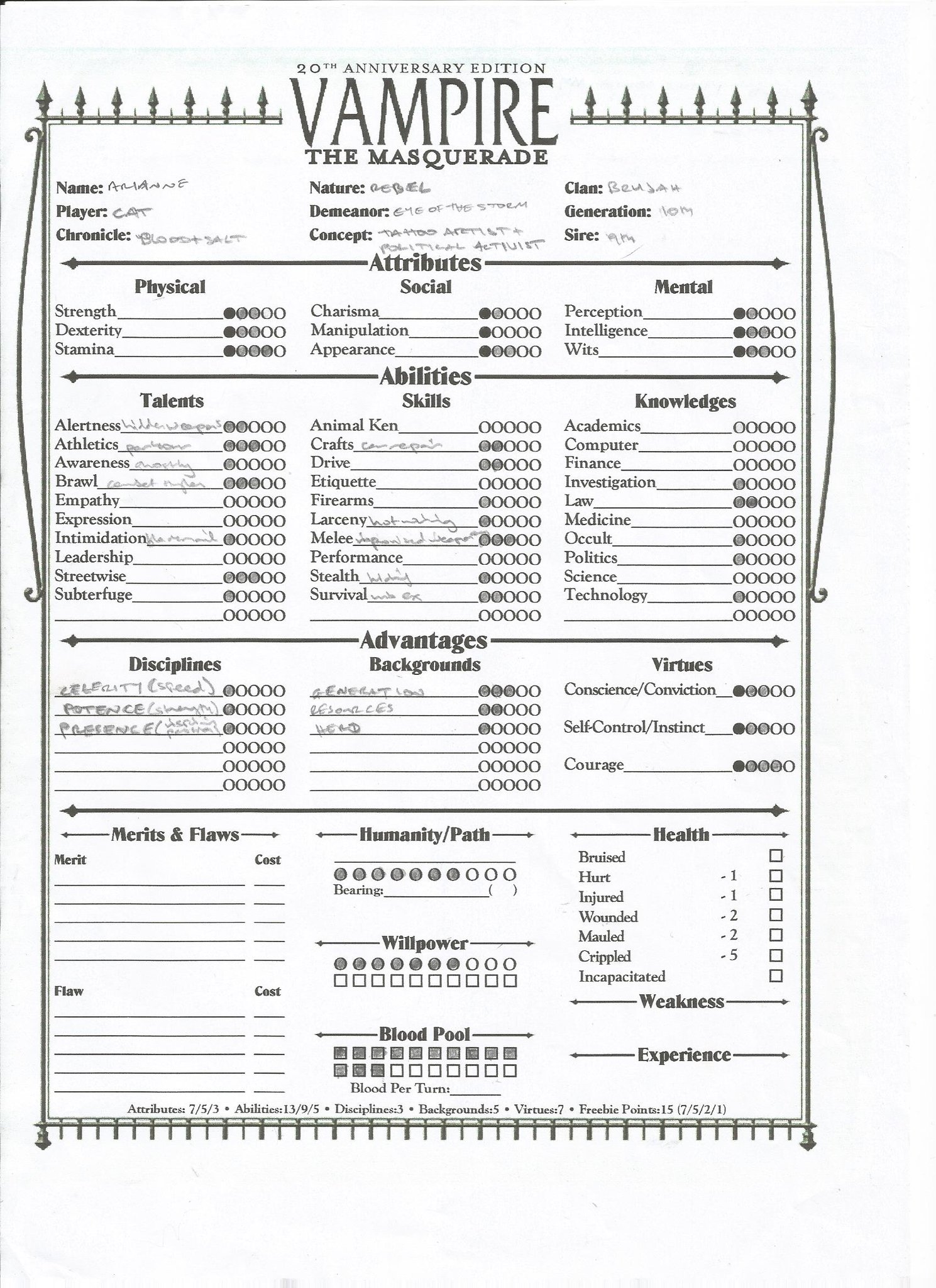 Vampire The Masquerade Character Sheet