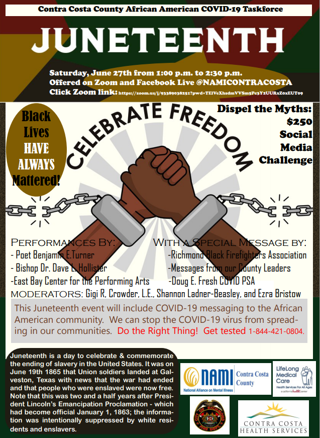 CoCoHealth's tweet photo. Join us 1-2:30pm Saturday for a celebration of freedom – a Juneteenth virtual gathering with the Contra Costa County African American COVID-19 Task Force, NAMI Contra Costa, Lifelong Medical, Richmond Black Firefighters. Link to flyer: https://t.co/57T4tduxBq https://t.co/6ISZZV1d9I