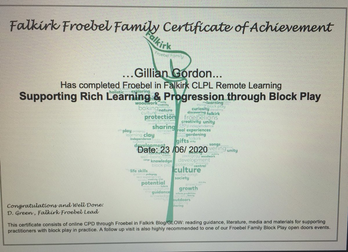 FalkirkFroebel's tweet photo. Big well done to Gillian Gordon👏@QueenStreetNS Completing Froebel in Falkirk ~ Supporting Rich Learning and Progression through Block Play💕🌈#FalkirkFroebelRemoteCLPL #BlocksRock @FCEYteam #FCEYRemoteCLPL https://t.co/AmVjI2FDyV