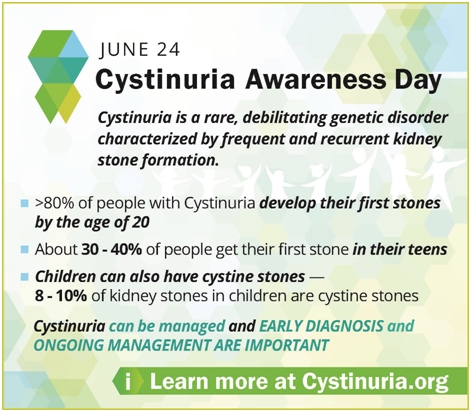 TheAACU's tweet photo. June 24 is Cystinuria Awareness Day.  Cystinuria affects men and women equally and is a lifelong, chronic condition. While Cystinuria has no cure, it can be managed. Learn more at https://t.co/s8ylgiZHvC. #CystinuriaDay2020 https://t.co/IN5ANzC6gw