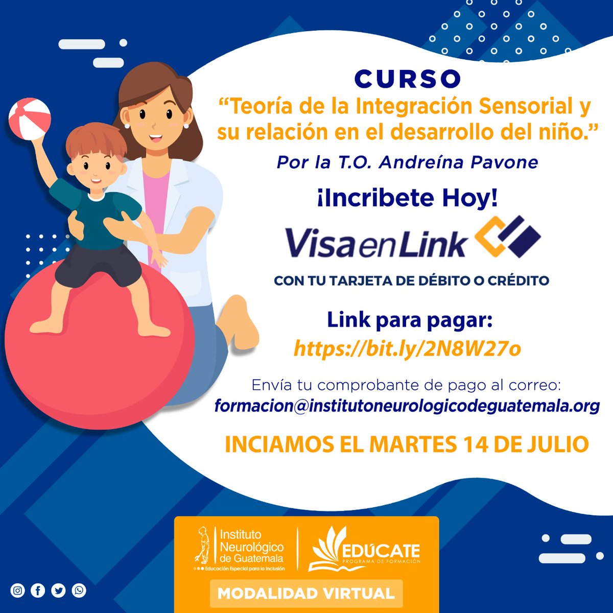 ¡Aprendemos a través de los sentidos! con estrategias y herramientas de #IntegraciónSensorial, fortalecemos el proceso de aprendizaje y logramos un mejor desarrollo.
Participa en el #CursoVirtual 
📌 Inscríbete hoy 
🎓 Inversión: Q200, incluye diploma
📆 Iniciamos el 14 de julio