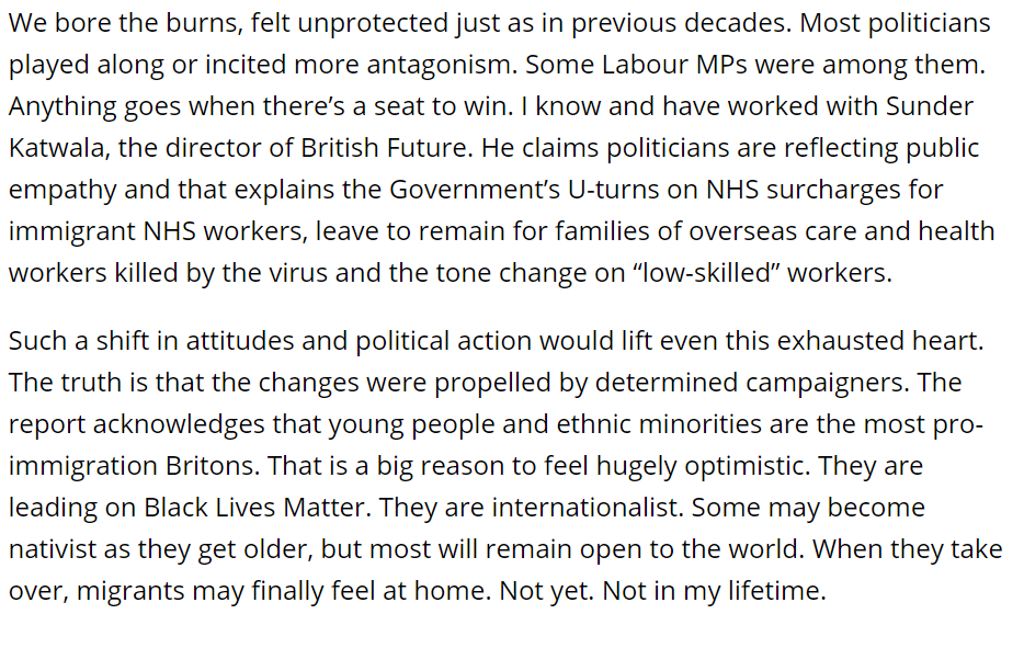 Yasmin does say that she is hugely positive about the shifts in attitudes among young people and ethnic minorities, shown in these studies, and about the efforts of campaigners to secure policy changes - such as on the NHS surcharge