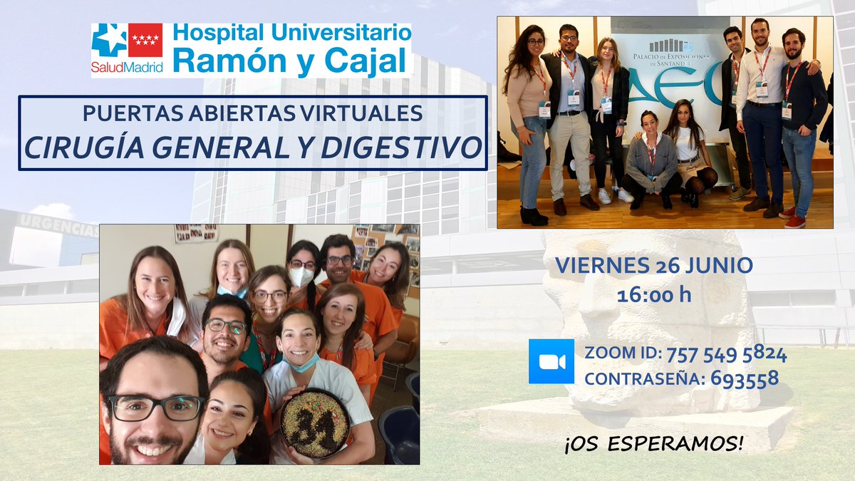 JordiNnz's tweet photo. Desde el servicio de Cirugía General del Ramón y Cajal, ¡os animamos a participar en la reunión virtual de Puertas Abiertas vía Zoom!

📆Viernes 26/06, 16:00h
- ZOOM ID: 757 549 5824
- Contraseña: 693558

@aecirujanos @me4_so
  
@CTOMedicinaES
@academiamir
 @mirasturias https://t.co/j2CnE0fnSm