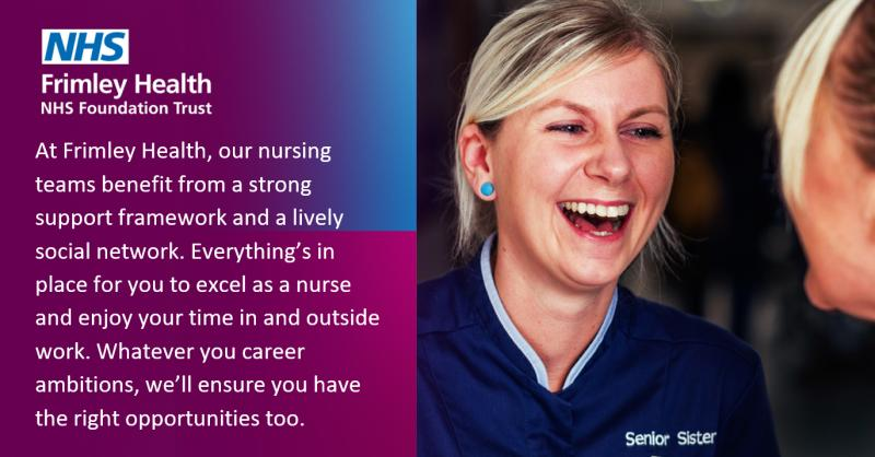 When you join Frimley Health, you’re supported and encouraged to perform to your full potential, from newly qualified right through to senior leadership roles. Check all of our Nursing &amp; Midwifery opportunities at bit.ly/2Yp4MMQ #fhftcareers #frimleyfamily
