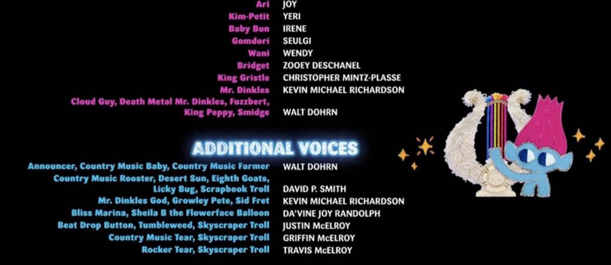 CatsAndersen's tweet photo. I've been waiting since last summer to be able to post this and now that it's available to own on digital... proof that I share a screen credit with @RVsmtown Red Velvet 🥰🤧 This officially takes over as the coolest thing that's happened in my film career. #TrollsWorldTour https://t.co/OObE7rBL9D