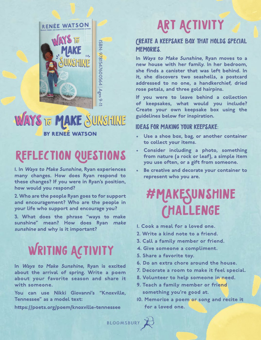 Renée Watson on X: Reading #WaysToMakeSunshine in your summer book club?  Here's an activity guide. t.coWy3hpa9mmr t.cowPORWmFhOl   X