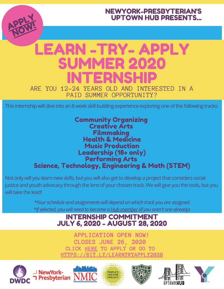 The Y is proud to partner with NewYork-Presbyterian's Uptown Hub for the Learn-Try-Apply Summer Internship for youth ages 12 - 24! Applications are due by Friday, June 26. uptownhubnyc.typeform.com/to/daKKNI