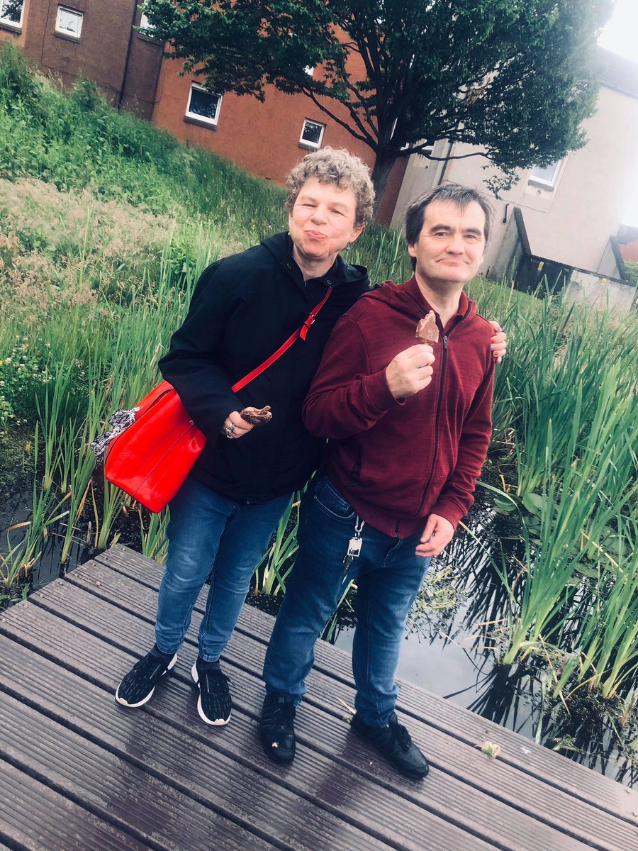 CornerstoneDPA's tweet photo. Helen, Richard and Kerri went for a lovely walk to check out the local pond and spot all of the different flowers today.  Is that more cheeky wee Feast ice lollies we spy? 🚶🏽‍♂️🚶🏻‍♀️🌼🌸🍭☺️💙 #TeamSpringhill #StaySafe #KeyWorkers 🌈 https://t.co/qdlhUNPEm0
