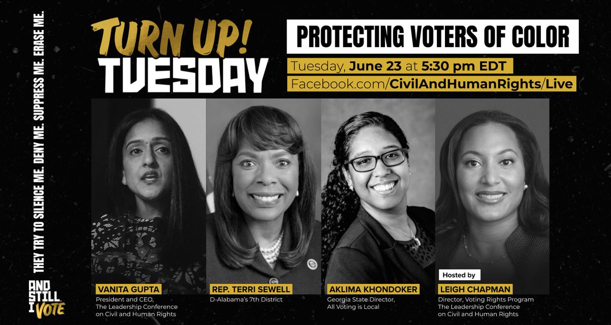 Graphic says: Turn Up Tuesday! Protecting voters of color. Tuesday, June 23 at 5:30pm ET. The graphic also shows a link to our Facebook page and shows the names and faces of the four participants who are named in the original tweet.