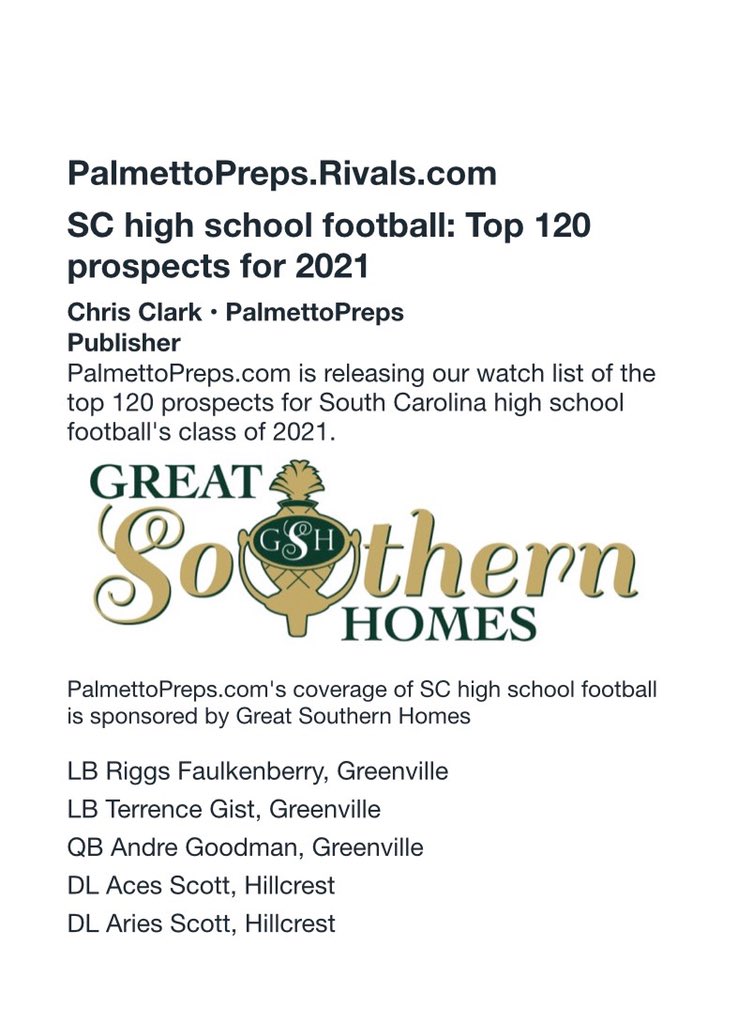 Excited to be in the top 120 players in SC and top 18 LBs in SC. Good to see a few of my teammates on here as well. @TerrenceGist @_Dre4_ @aces_scott @AriesScott6. Big year ahead. @GHSFootball2 @GregPort17 @train0187 @Coach_RHarris @pat_stoddard @YoureNextTrain1 @FlightSchoolPT