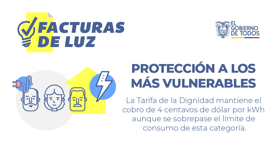 #TarifasEléctricasEc | Recuerda que la Tarifa de la Dignidad se mantiene en 4 centavos de dólar por kWh. ¡Protegemos a los más vulnerables del país! #AEcuadorLoSacamosTodos