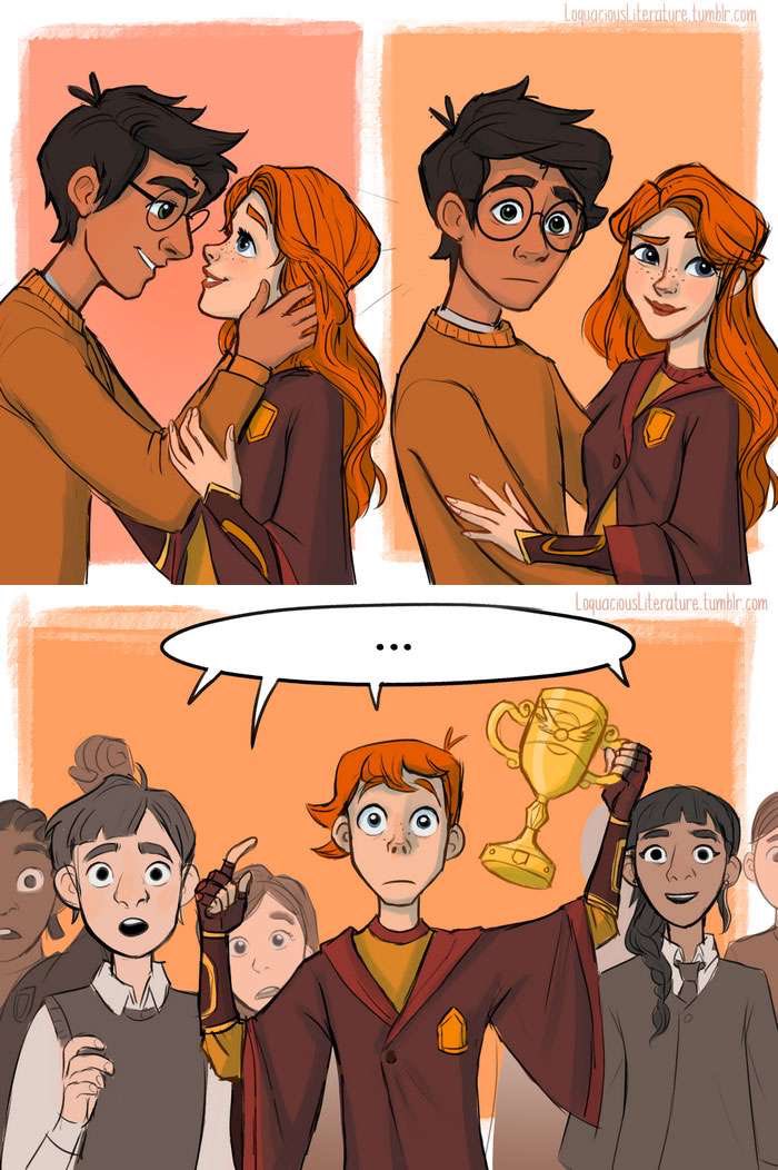 potterish's tweet photo. A @LoquaciousLit desenhou o primeiro beijo de Harry e Gina como de fato aconteceu nos livros. Dá vontade, né, minha filha? https://t.co/AooK6NfTqu