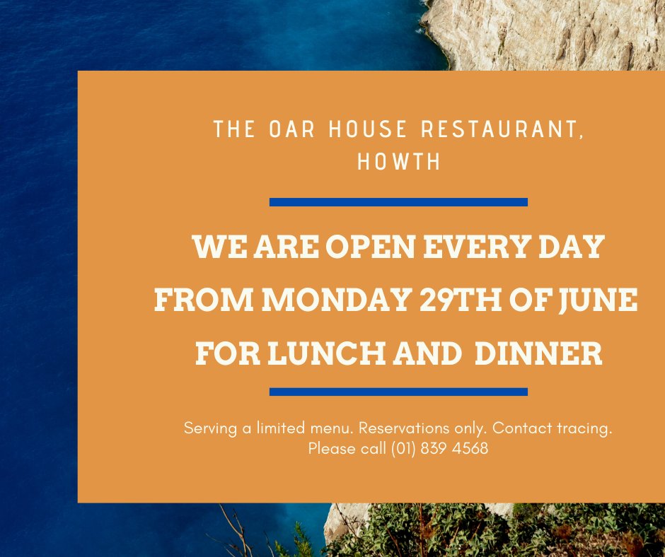 OarhouseHowth's tweet photo. Yes we're back! We open on Monday 29th for lunch and dinner by reservation only (01) 839 4568.
Our team is busy working on a NEW REDUCED MENU as we are unable to serve our full menu due to kitchen staff restrictions. https://t.co/C7i1D7Tg1D https://t.co/BqAb5RjJ57