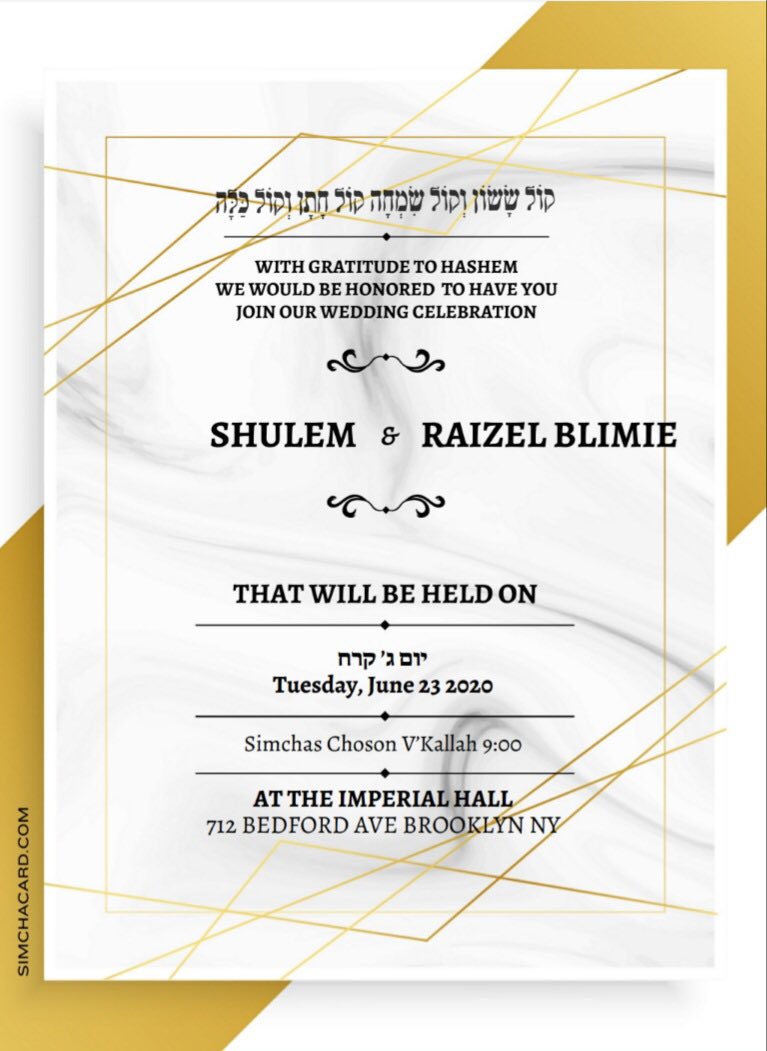ChesterUpdate's tweet photo. Tonight is the WEDDING of HaChusen Shulem bando @Imperial hall 712 Bedford Ave. (Willi)
First dance - 9:00 Pm
Second dance - 9:45 Pm
(Nor of simches) https://t.co/jAx9vJSBzE