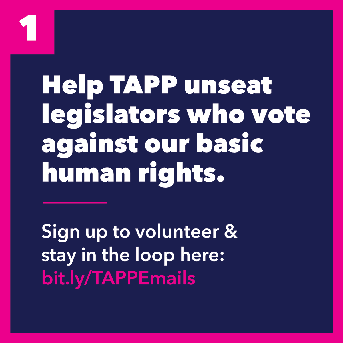 Help TAPP unseat legislators who vote against our basic human rights. Sign up to volunteer & stay in the loop here:  http://bit.ly/TAPPEmails&nbsp; (2/6)
