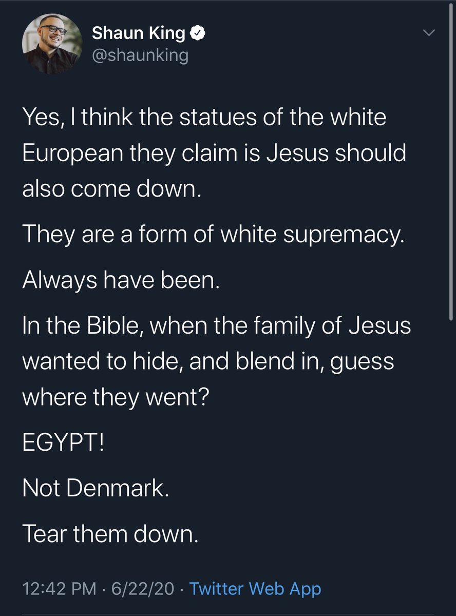 robbystarbuck's tweet photo. So @realDonaldTrump telling the far left they can’t establish their own country within the US or they’ll be removed with force is against Twitter rules but Shaun King inciting people to attack churches and topple statues + murals of Jesus is totally fine with Twitter. Insane. https://t.co/chv7YDBL4j