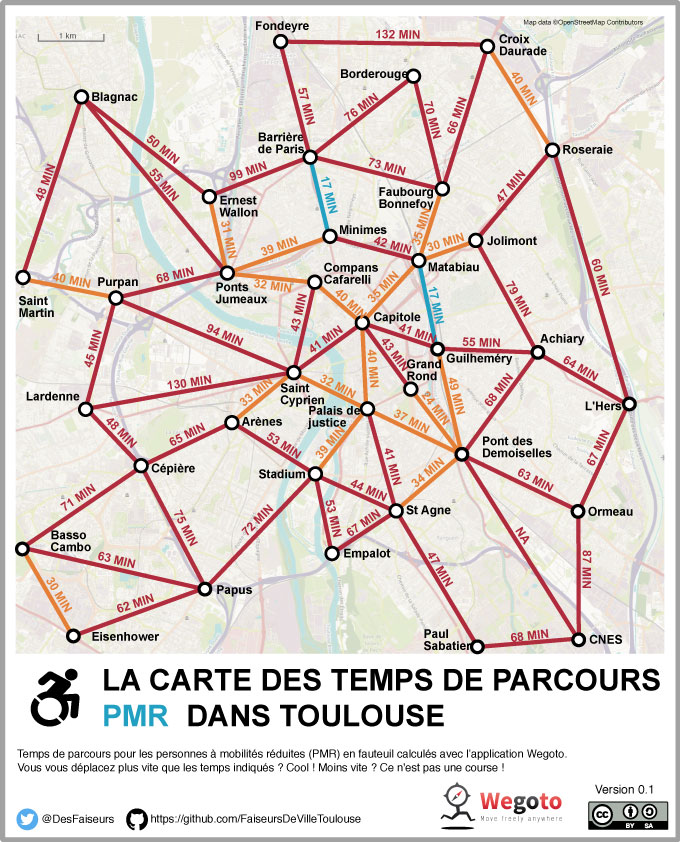 DesFaiseurs's tweet image. La carte des tps parcours pr les piétons à #Toulouse, vous vous souvenez ? Imaginez-vous maintenant en fauteuil...
Voici vos nvx tps de parcours sur les mêmes trajets calculés avec  @_wegoto par @too_sham  pour les personnes à mobilités réduites.
On imagine 1 ville + inclusive ?