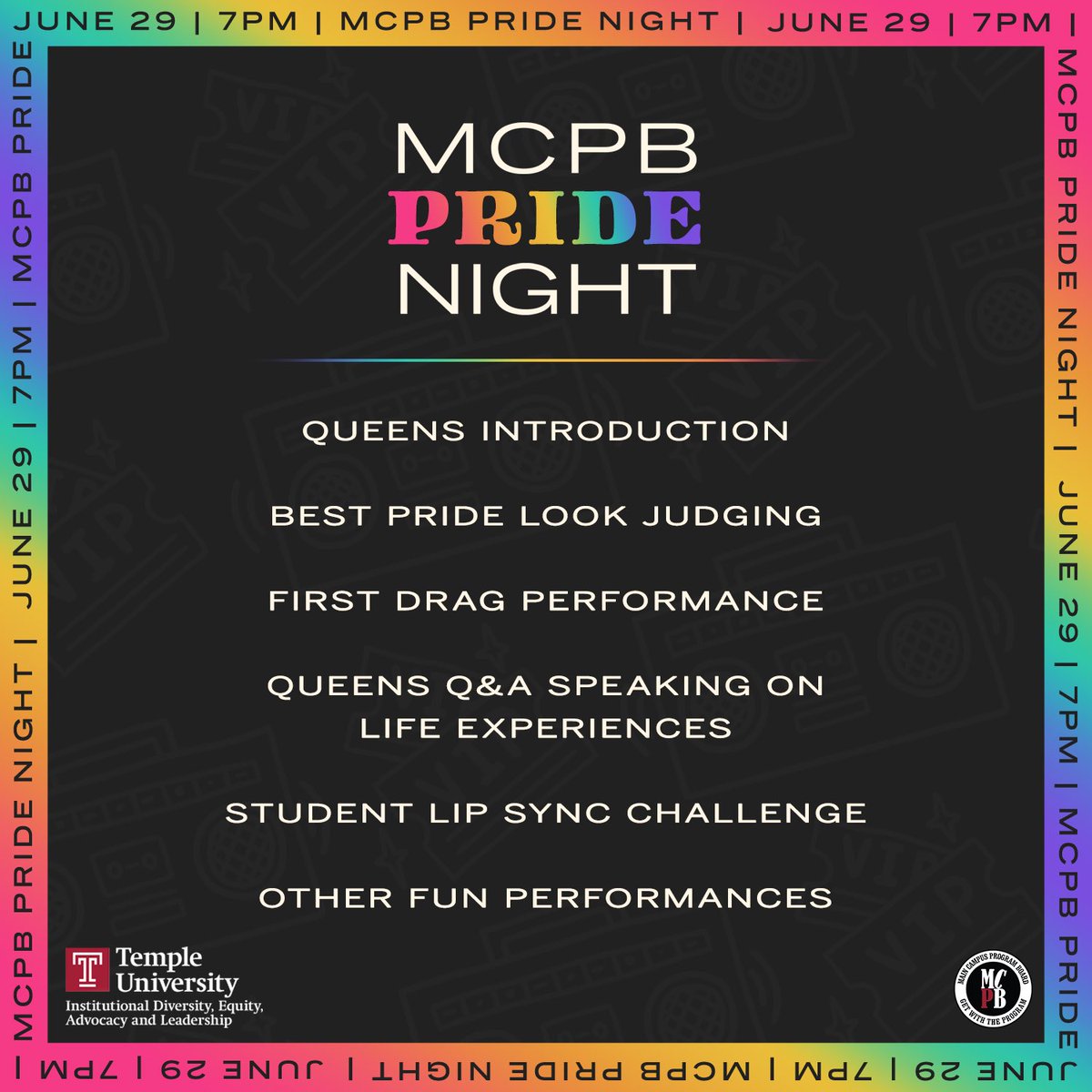 JUNE 29 | We are super excited to announce MCPB PRIDE NIGHT!!! Come in your best pride apparel and watch our guests from Ru’Pauls drag race perform, answer questions, host contests and more! Swipe for more details✨