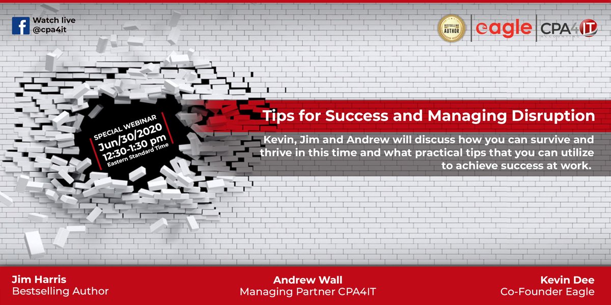 cpa4it_ca's tweet photo. We are ready for our new special webinar "Tips for success and managing disruption" by our CEO @WALLCPA , the bestselling author and disruptor @JimHarris and @KevinDee300   Kevin Dee, Co-founder of the prestigious staffing agency Eagle. Register here: https://t.co/0P8llTvBtC https://t.co/b3lB92T9WQ