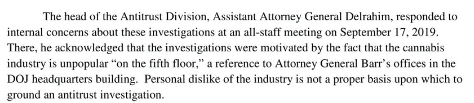 Barr was so obsessed with marijuana companies that he devoted most of Antitrust Div resources to it and pulled staff from "telecommunications , technology , and mediaoffices" to help. Your tax dollars at work!