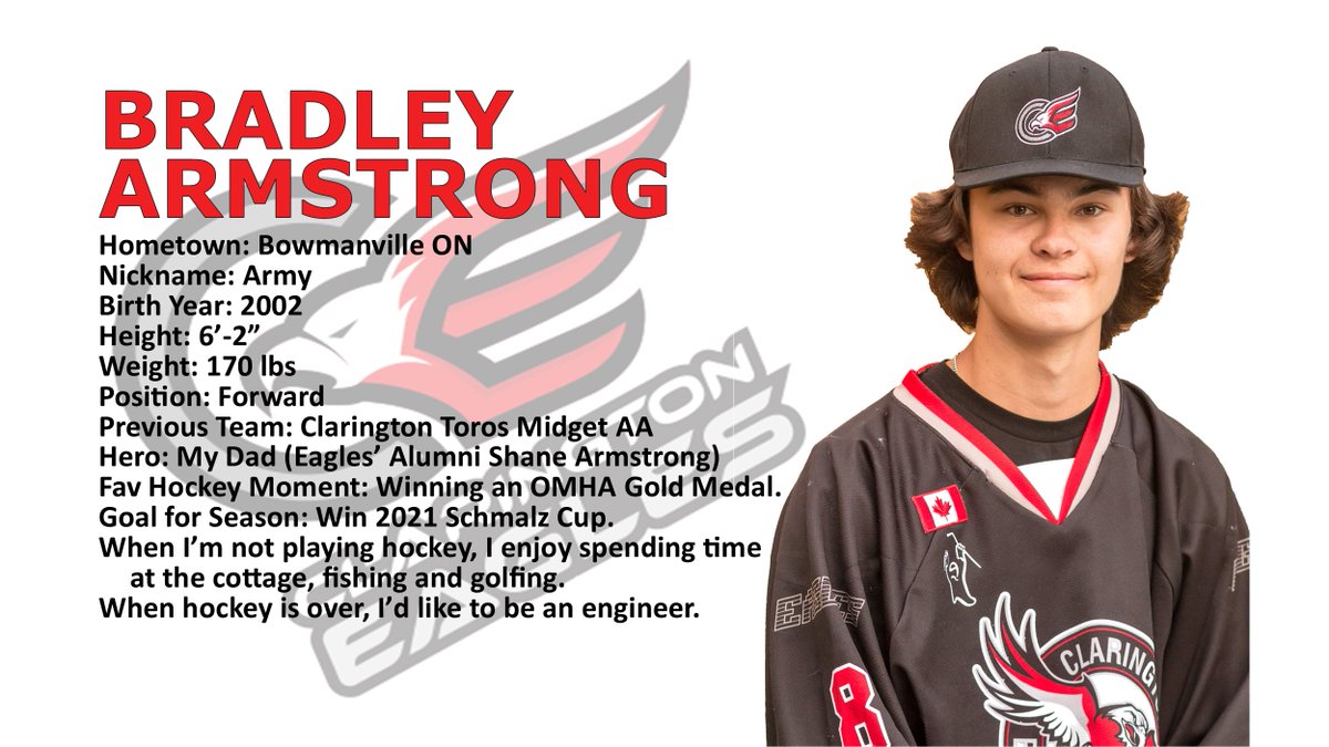<a href="/EaglesPJHL/">Clarington Eagles</a> are pleased to announce 🎉 the✒️ of Bradley Armstrong! From <a href="/toros_aa/">Clarington Toros Midget AA</a> , Brad AP'd last season, playing 7 games, scoring 2 goals and an assist for 3 points. Welcome aboard "Army"! #eaglesnest <a href="/PJHLOntario/">PJHL</a>
