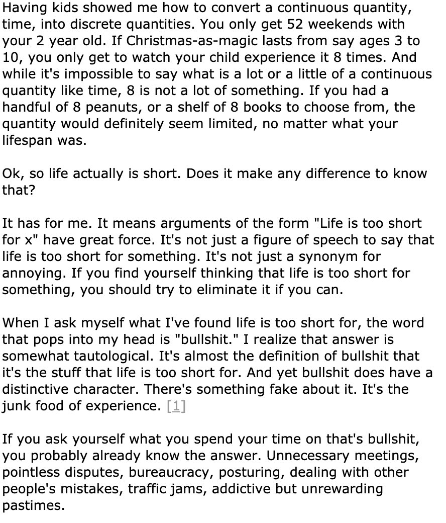 Ben Kuhn on Twitter: "1. “Life is Short” by @paulg. Inspire yourself to  never waste time on bullshit ever again. https://t.co/6GkQtHxrHB  https://t.co/SvbqwP0bfd" / Twitter